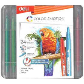 Carioci pensula cu doua capete, 24 culori/set, DELI Color Emotion