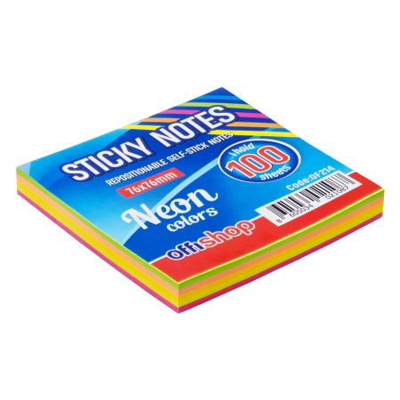 Cub notite autoadezive neon, 76x76 mm, 100 file, OFFISHOP