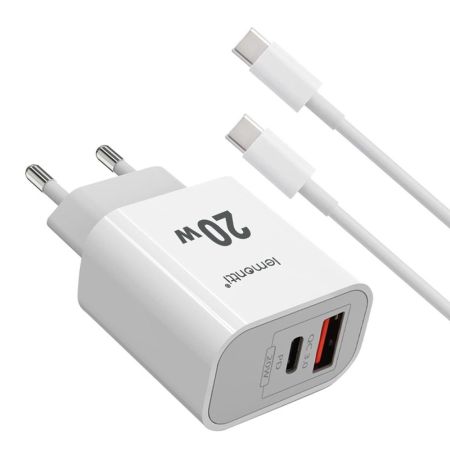 Incarcator priza cu 2 porturi, cablu Type-C, LEMONTTI 20W