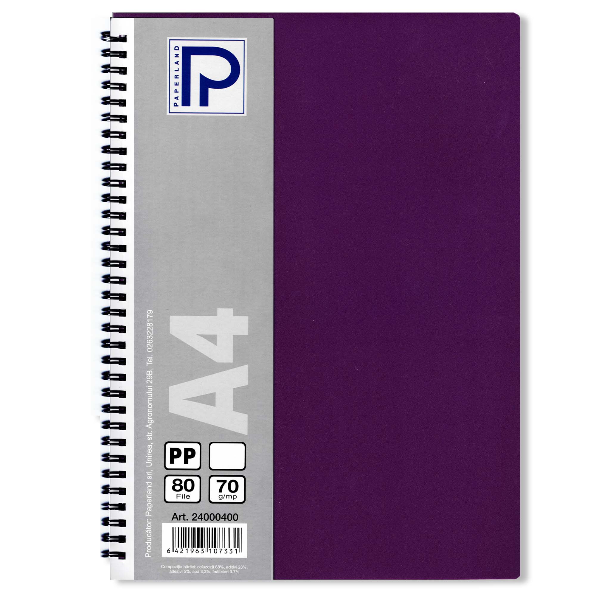 Caiet cu spirala A4, 80 file, velin, coperta plastic, PAPERLAND