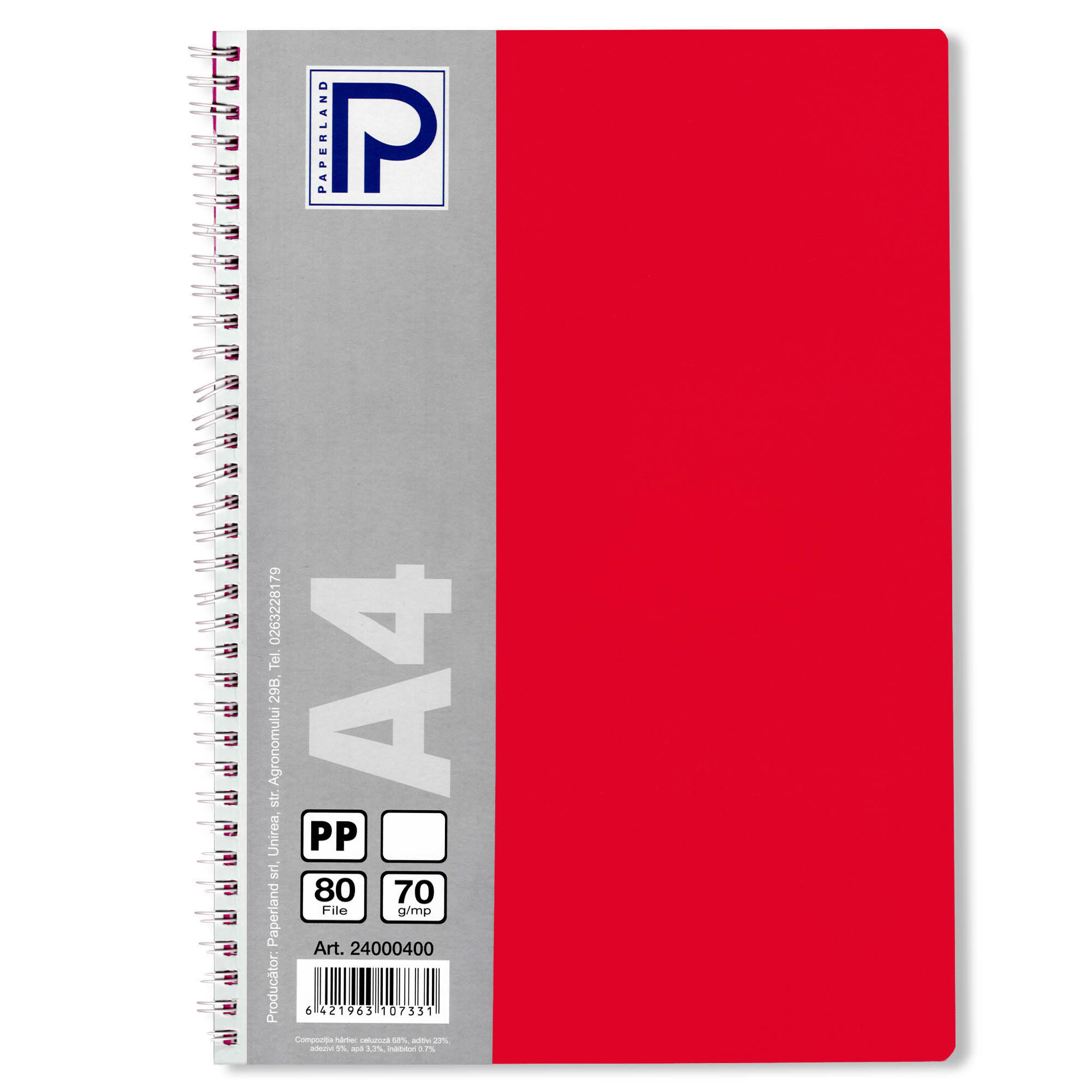 Caiet cu spirala A4, 80 file, velin, coperta plastic, PAPERLAND