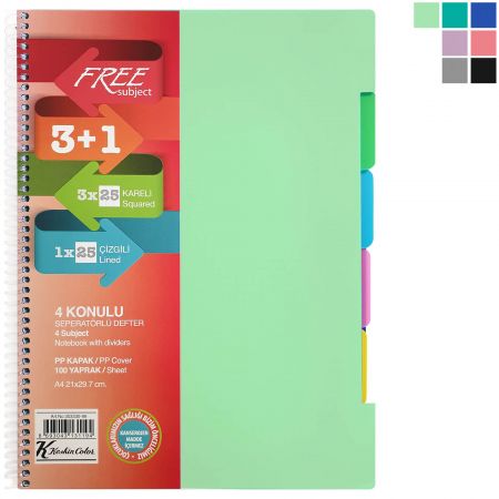 Caiet cu 4 separatoare A4, 100 file, KESKIN COLOR Free Subject