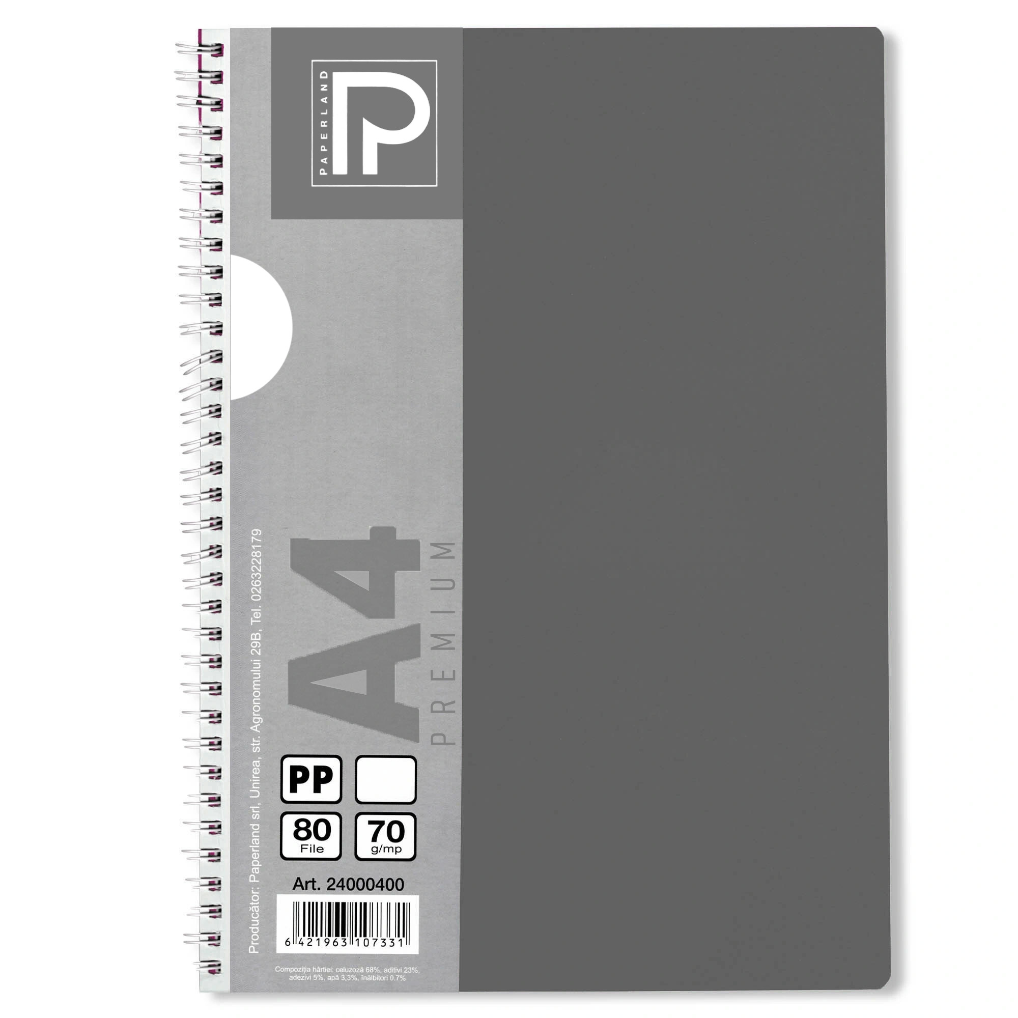 Caiet cu spirala A4, 80 file, velin, coperta plastic, PAPERLAND