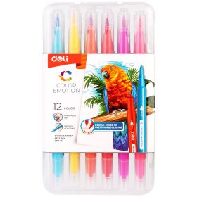 Carioci pensula cu doua capete, 12 culori/set, DELI Color Emotion