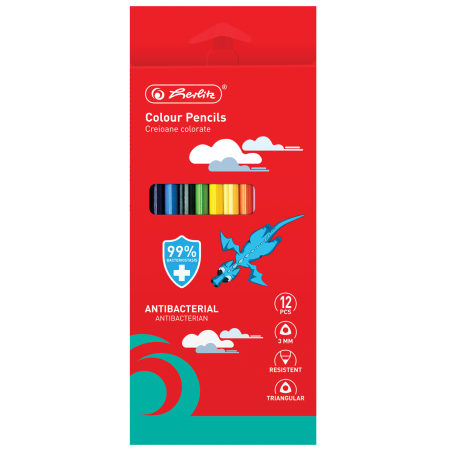 Creioane scoala HERLITZ Antibacterial, 12 culori/set
