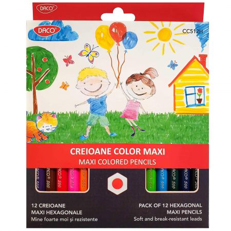 Creioane colorate hexagonale DACO Maxi, 12 buc/set