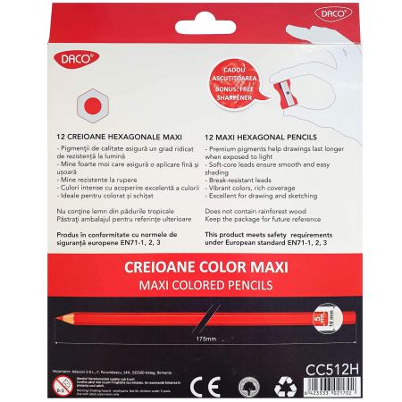 Creioane colorate hexagonale DACO Maxi, 12 buc/set - Office Direct