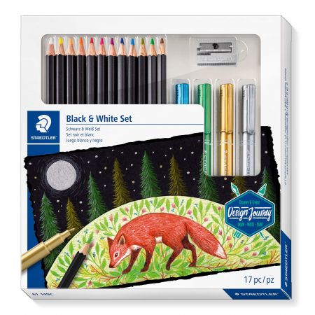 Set desen pe hartie neagra STAEDTLER Black and White, 17 piese