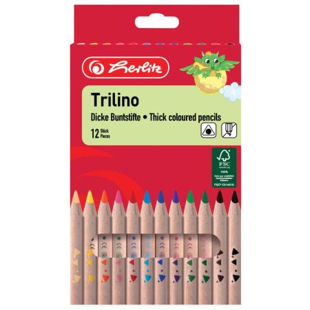 Creioane mina groasa HERLITZ Trilino, 12 culori/set