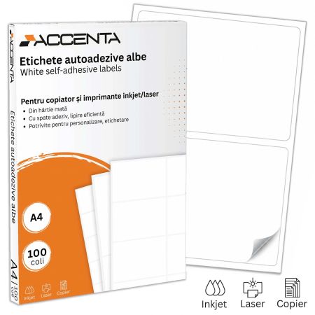Etichete autocolante albe, colturi drepte, 100 coli/top, ACCENTA