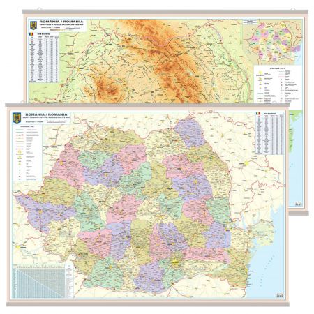 Harta perete Romania harta adminstrativa si harta fizico-rutiera