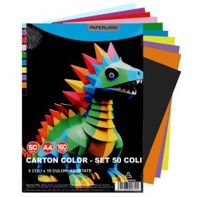 Carton colorat A4, asortat PAPERLAND, 160 g/mp, 50 coli/top