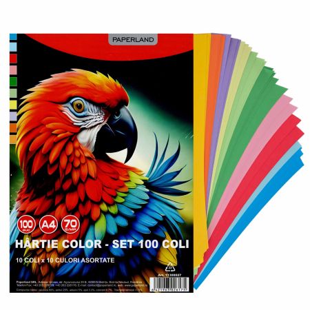 Hartie colorata A4, asortata PAPERLAND, 70 g/mp, 100 coli/top