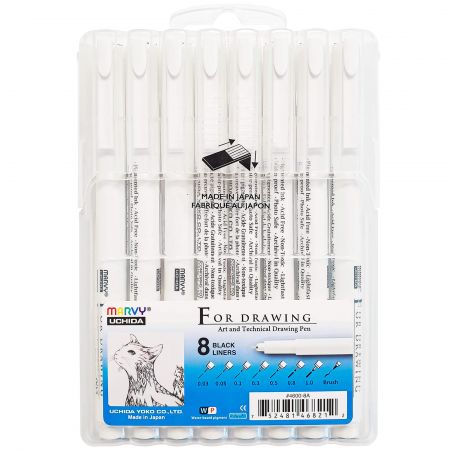 Liner negru pentru desen 0.03 mm - 1 mm + varf pensula, 8 buc/se
