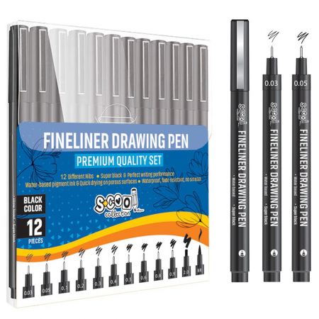 Liner pentru desen 0.03 mm - 2 mm + varf pensula S-COOL, 12 buc/