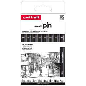 Liner varf 0.05-1.2 mm plus pensula UNI Pin 200 Fine Line ASP011, 8 buc/set  