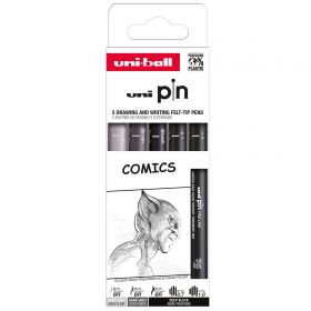 Liner varf 0.7-1.0 mm plus pensula, UNI Pin 200 Fine Line Comics, 5 buc/set