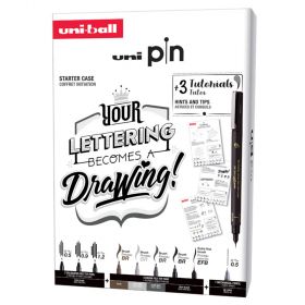 Liner varf 0.1-1.0 mm plus pensula, UNI Pin 200 Fine Line Lettering, 9 buc/set
