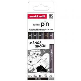 Liner varf 0.03-0.5 mm plus pensula, UNI Pin 200 Fine Line Manga Shojo, 5 buc/set