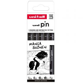 Liner varf 0.05-1.2 mm plus pensula, UNI Pin 200 Fine Line Manga Shonen, 5 buc/set