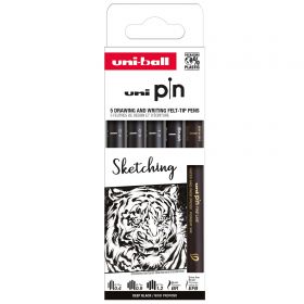 Liner varf 0.4-1.2 mm plus pensula, UNI Pin 200 Fine Line Sketching, 5 buc/set