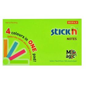 Notes autoadeziv 76x127 mm, 100 file, 4 culori neon Magic STICK'N