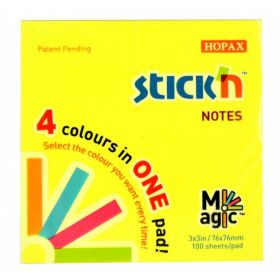 Notes autoadeziv 76x76 mm, 100 file, 4 culori neon Magic STICK'N
