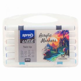 Marker 2 capete cu vopsea acrilica SPREE Artist 58152, 12 culori/set