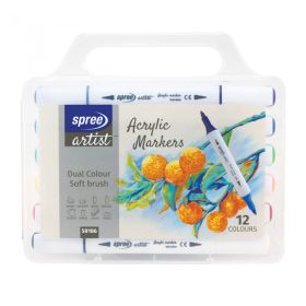 Marker 2 capete cu vopsea acrilica SPREE Artist 58186, 6 culori/set
