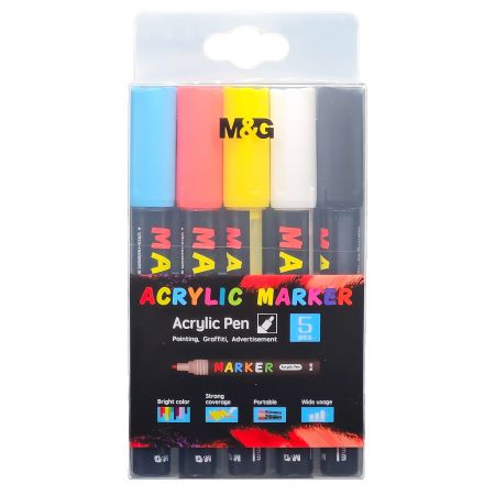 Marker cu vopsea acrilica, varf rotund 2 mm, M-G, 5 culori/set