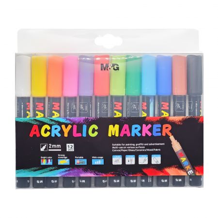 Marker cu vopsea acrilica, varf rotund 2 mm negru, M-G 12 culori