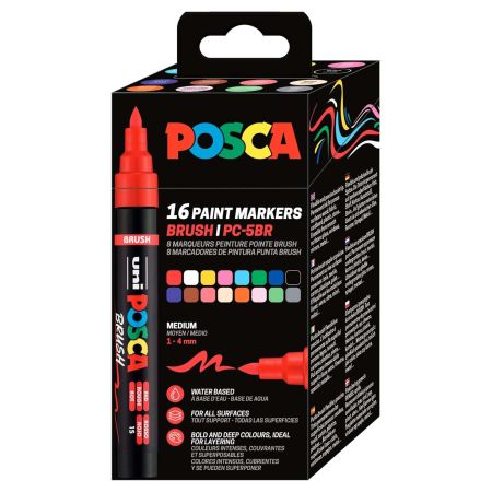 Marker pensula varf 1-4 mm UNI Posca PC-5BR, 16 culori/set