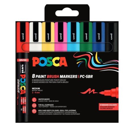 Marker pensula varf 1-4 mm UNI Posca PC-5BR, 8 culori/set