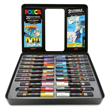 Marker UNI Posca Manga Hero, 20 buc/set, cutie metalica