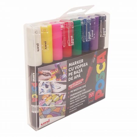 Markere varf 0.7 mm UNI Posca PC-1M, 8 culori/set