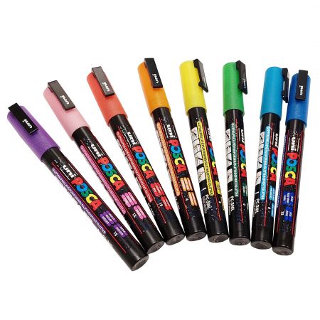 Markere varf 0.9-1.3 mm UNI Posca PC-3ML, 8 culori/set