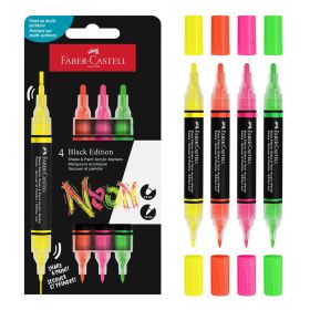 Marker vopsea acrilica neon, cu doua capete, FABER-CASTELL Shake and Paint, 4 culori/set