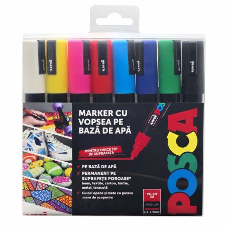 Marker varf 1.8-2.5 mm UNI Posca PC-5M, 8 culori/set