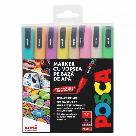Markere 0.9-1.3 mm, culori pastel, UNI Posca PC-3M, 8 culori/set