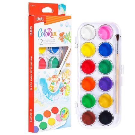 Acuarele 12 culori/set + pensula, DELI ColoRun