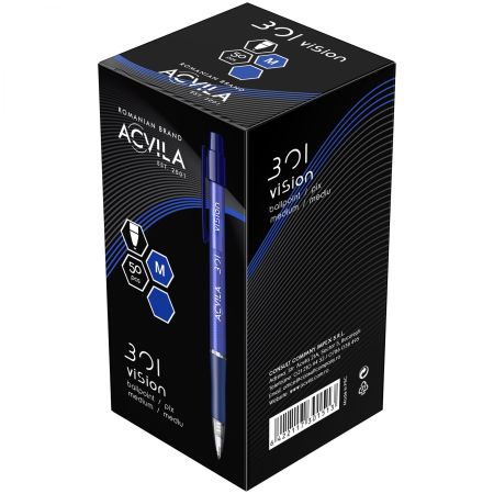 Pixuri albastre cu mecanism ACVILA Vision 301, 50 buc/cutie