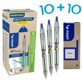 Set 10 pixuri cu mecanism, albastre, 1 mm, PILOT B2P EcoBall Begreen + 10 rezerve