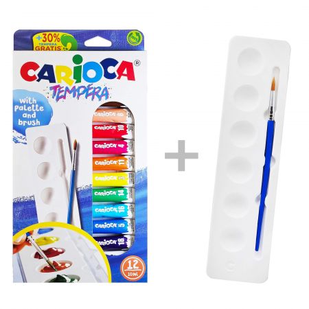 Tempera cu tavita si pensula, 12 tuburi/set CARIOCA