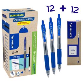 Set 12 rollere cu gel, albastre, 0.7 mm, PILOT G-2 + 12 rezerve