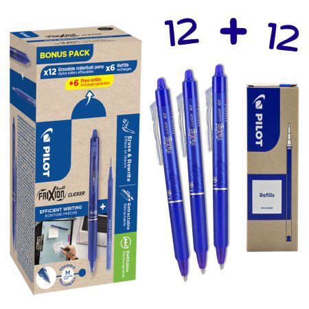 Set 12 rollere albastre 0.7 mm PILOT FriXion Clicker, 12 rezerve