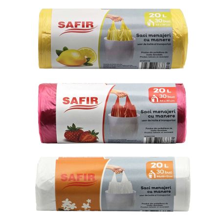 Saci menajeri parfumati, cu manere, SAFIR, 20 L, 30 buc/rola