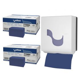 Servetele hartie industriala albastra in V, 25x30 cm, 3 straturi, 230 buc/set, 16 seturi/bax, CELTEX Omnia Labor 77850 si dispenser CELTEX 92170