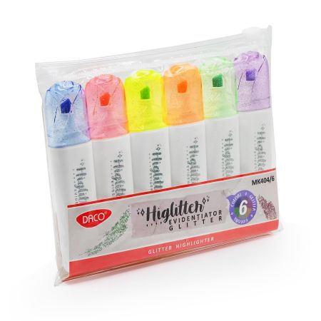 Textmarker cu sclipici DACO MK404, 6 culori/set