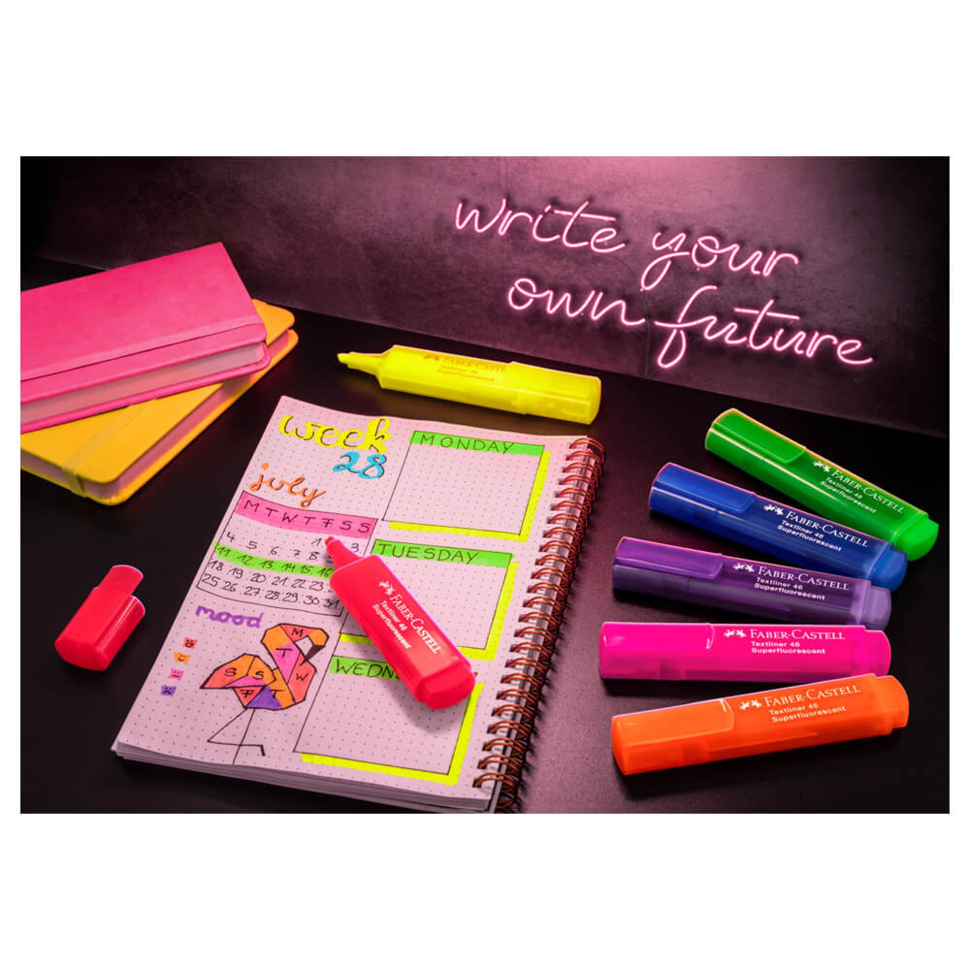 Faber-Castell Neon Fluorescent Highlighters - Pack Of 4, Recycled Plastic, Chisel Tip For Text Marking