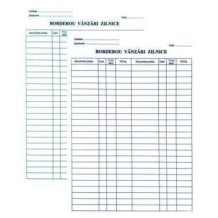 Borderou vanzari zilnice autocopiativ, 2 exemplare, A4, 100 file